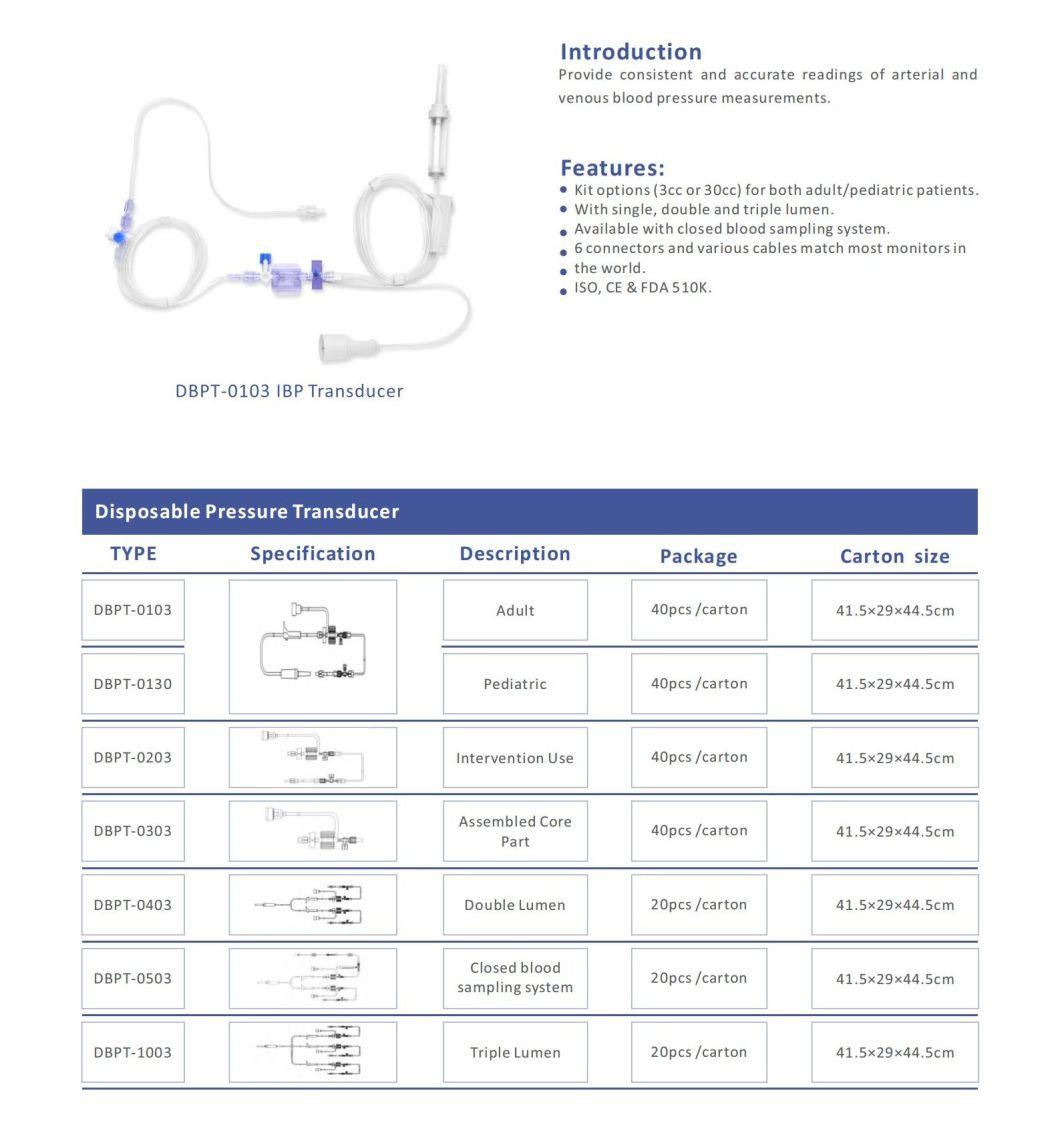 Disposable Supplier Hisern Medical IBP Transducers Medical Double Lumen