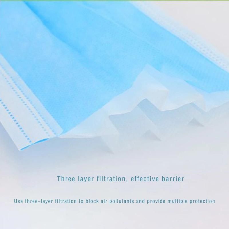 High Quality FDA CE Approved Anti Dust Pm2.5 Virus Respirator 3 Layers Disposable Non Woven Fabric Blue Earloop Surgical Face Mask