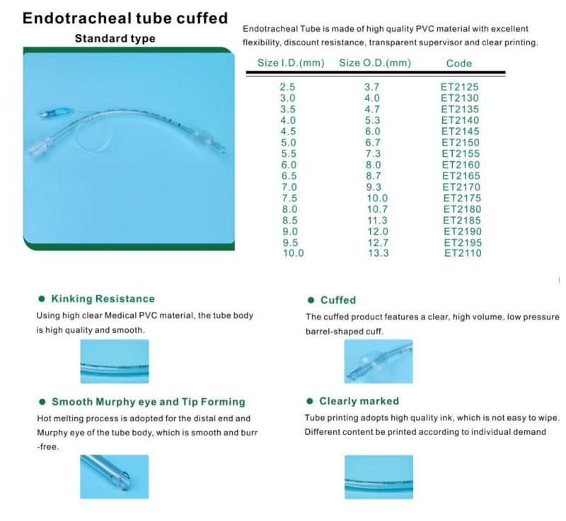 PVC Reinforced Endotracheal Tube for Single Use Size 2.5-10.00mm Can Be Chosen