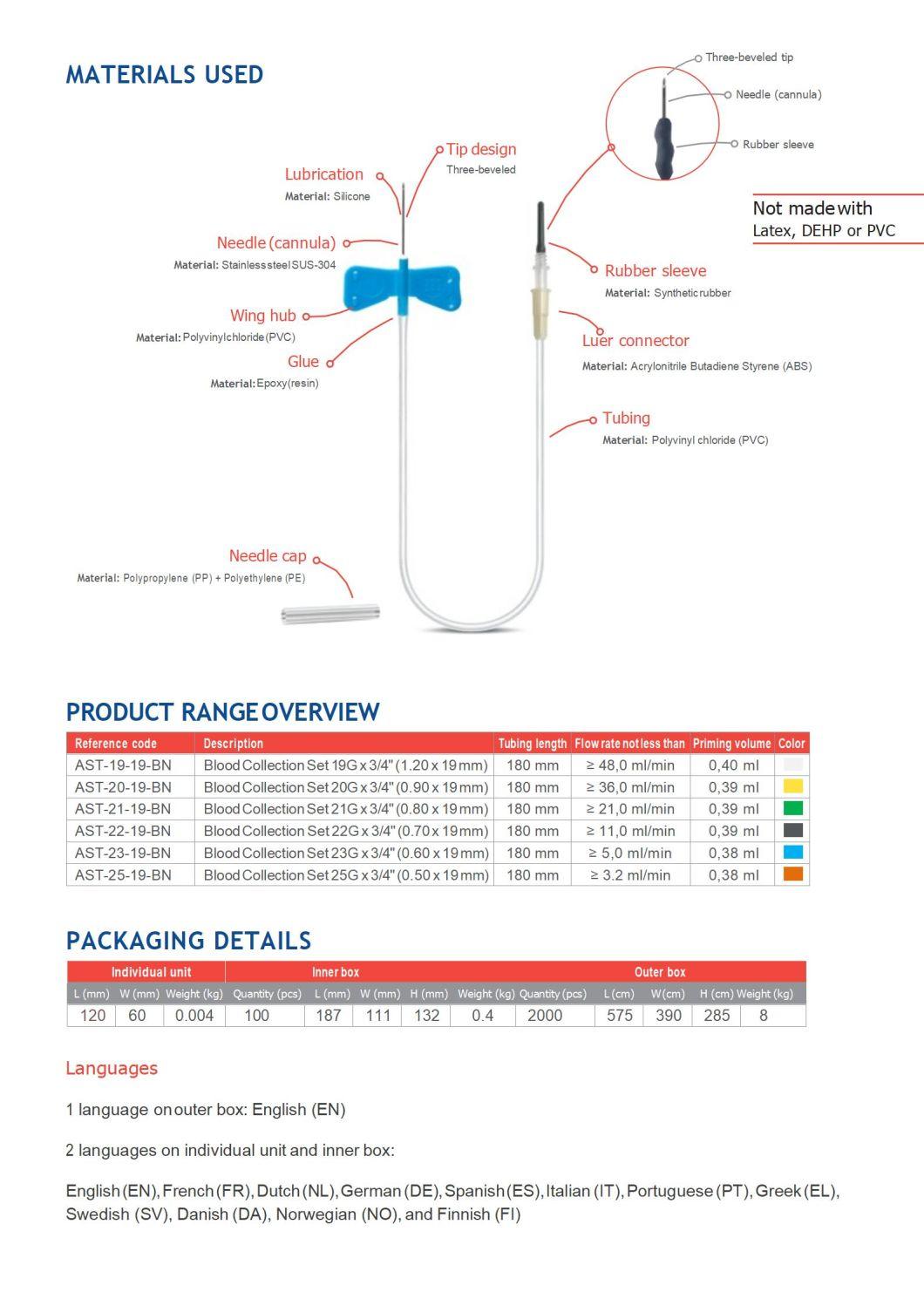 Various Sizes Medical Sterile 23G Butterfly Venous Blood Taking Collection Needle