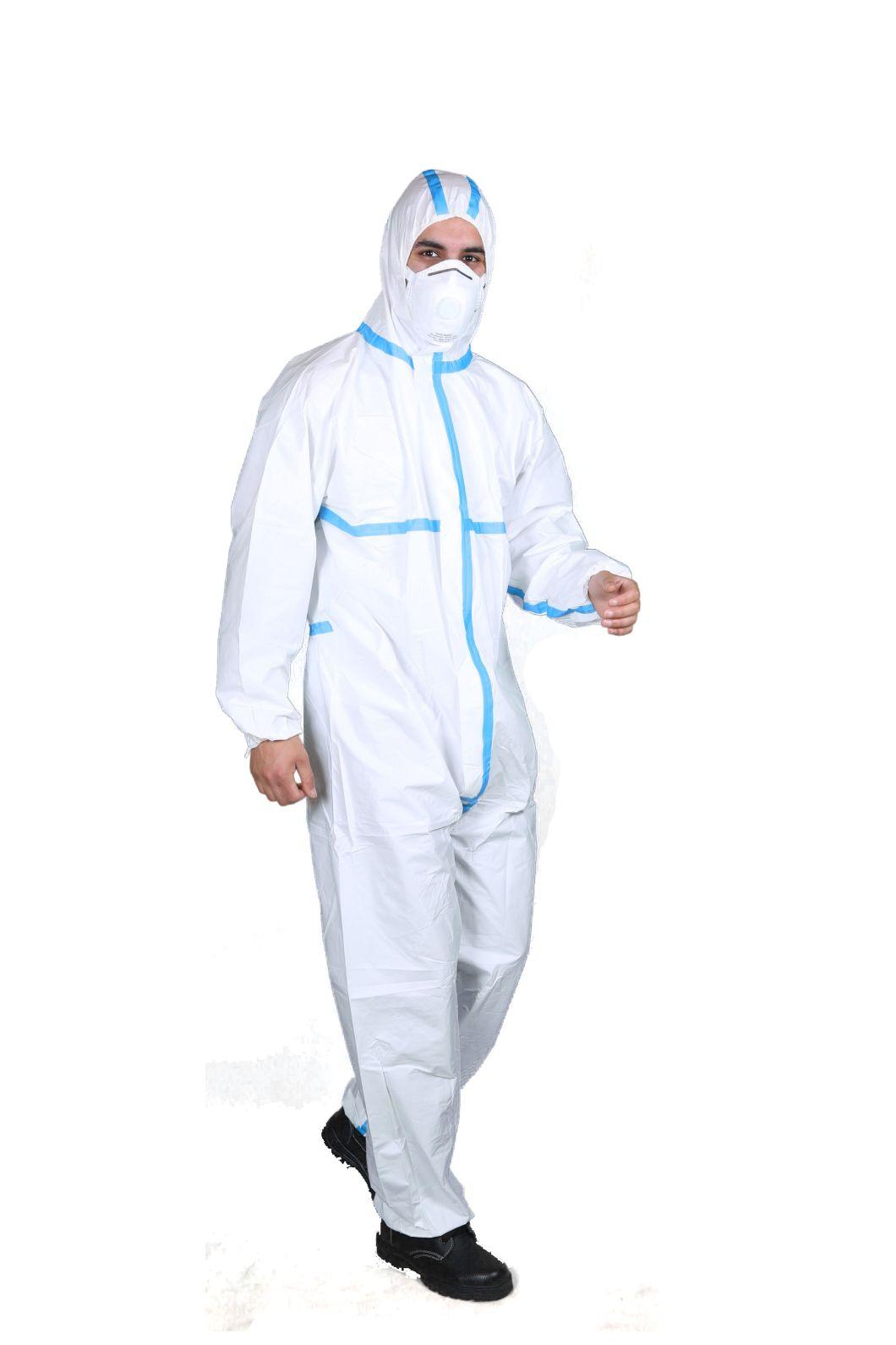 Isolation Type 5&6 Protective Industrial Chemical Non Woven Hooded Disposable Coverall with Taped Seams