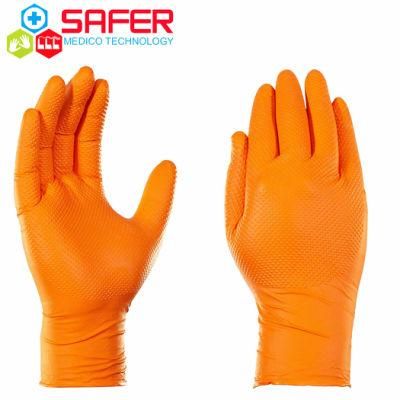 Disposable Industrial 8 Mil Orange Gloves Nitrile Diamond Texture Durabla Gloves