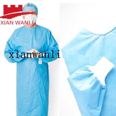 China AAMI Level 3 SMS Non-Wove Disposable Protective Surgical Gown for Doctor/Surgeon/Patient/Visitor/Hospital with Knit Cuff