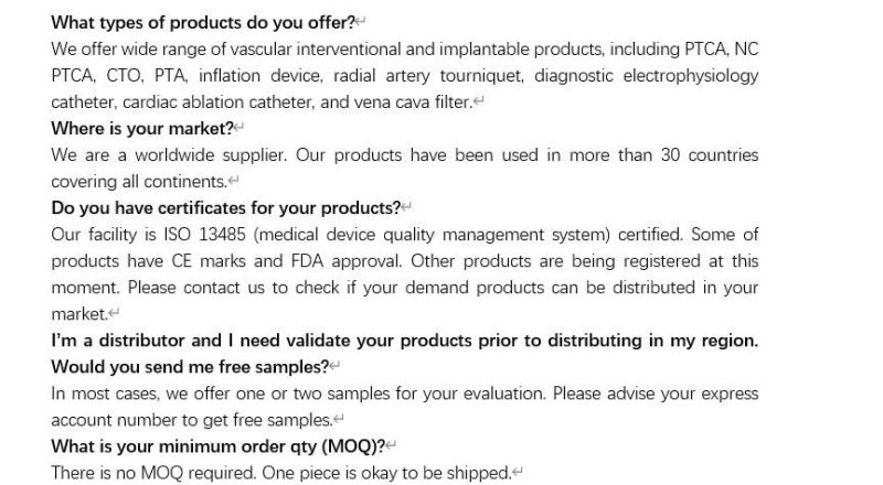 Nc Balloon Dilatation Catheter Medical Single Use Coronary Non Compliant Ptca Balloon Dilatation Catheter