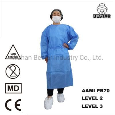 AAMI PB70 Level 2 Level 3 Nonwoven SMS Medical Isolation Gown with Mdr EU2017/745