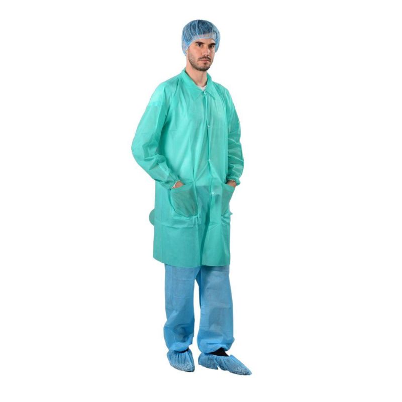 Cheap Blue SMS Disposable Lab Coat with Knitted Cuff