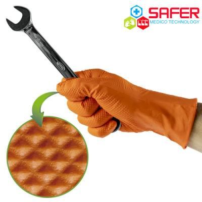 Disposable Diamond Texture Industrial Orange Nitrile Gloves Latex Free