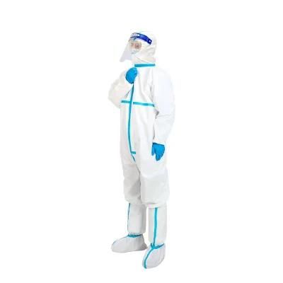 Type4/5/6b Medical Disposable Microporous White Protective Coverall with Blue Tape