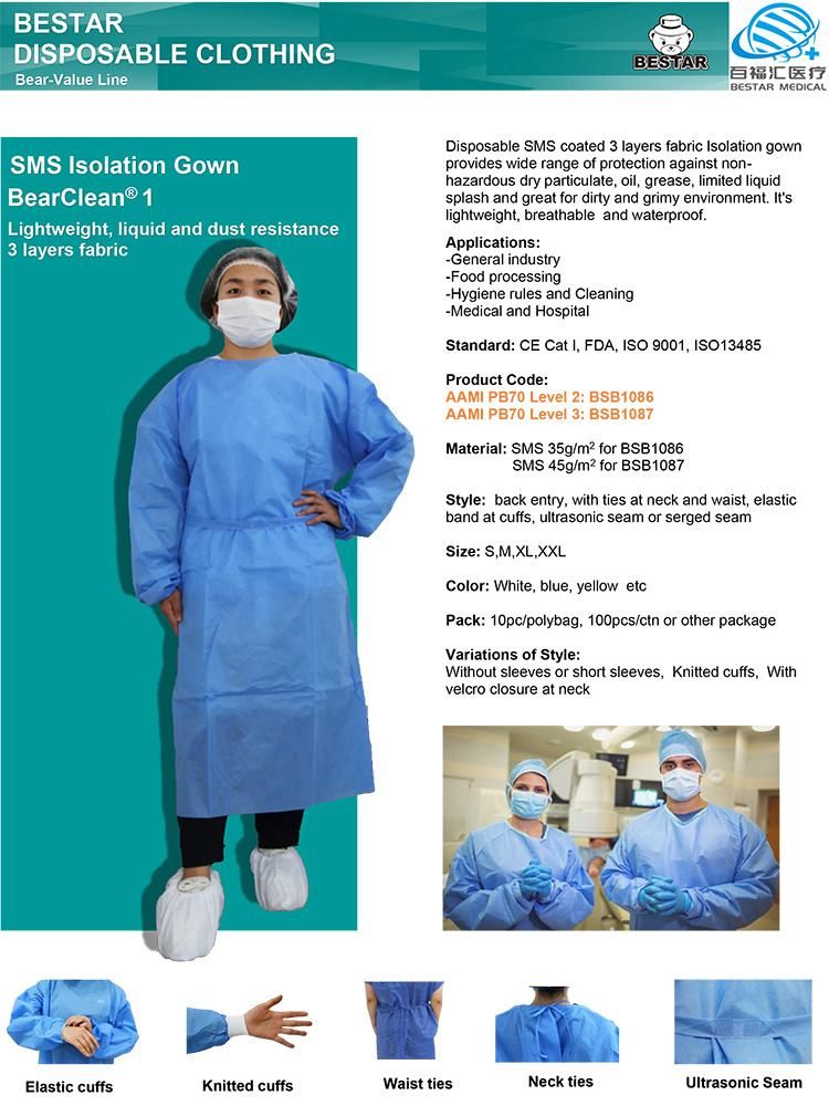 AAMI PB70 Level 2 Level 3 Nonwoven SMS Medical Isolation Gown with Mdr EU2017/745