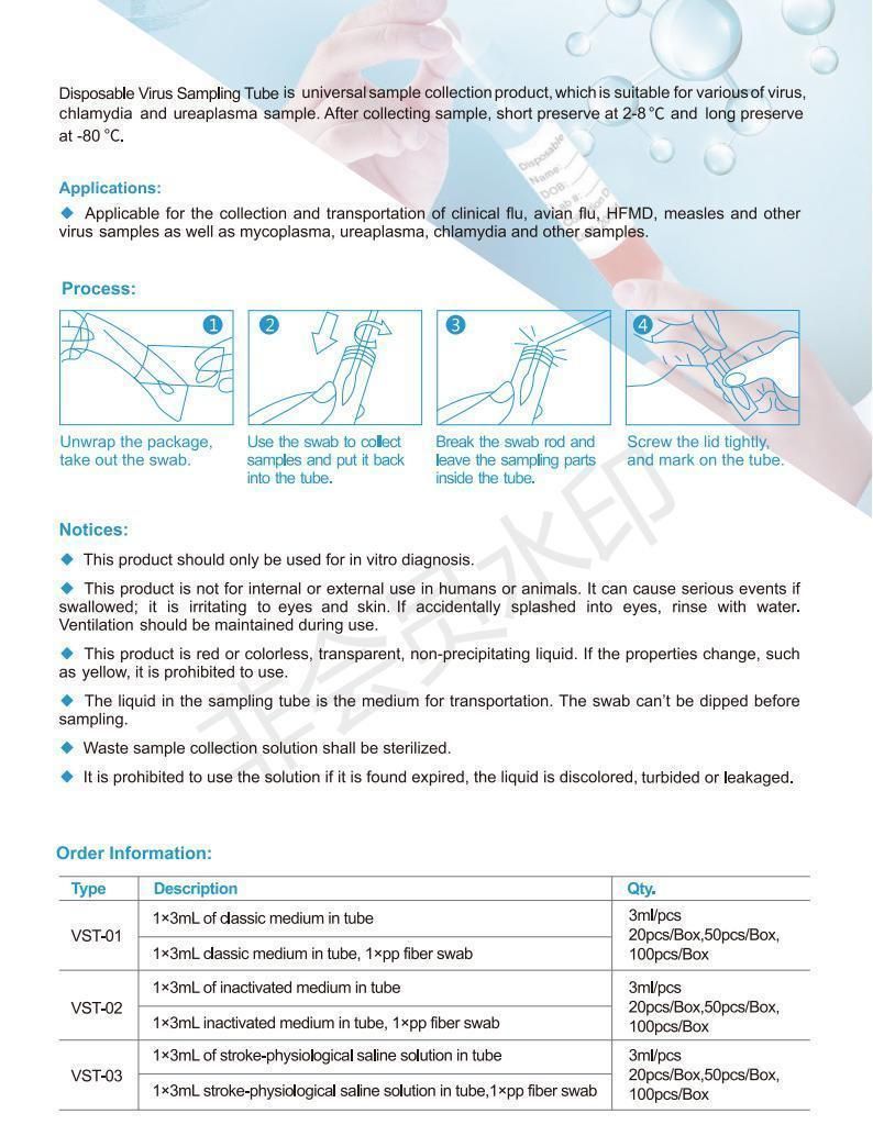 Disposable Inactivated Vtm Inactive Viral Transfer Medium Specimen Collection Tube with CE Certificate