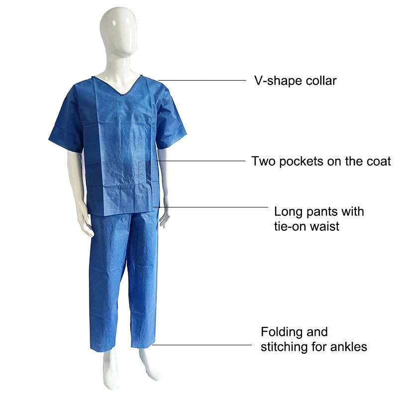 Disposable Medical Scrub Suits with Round Neck Binding and Long Pant