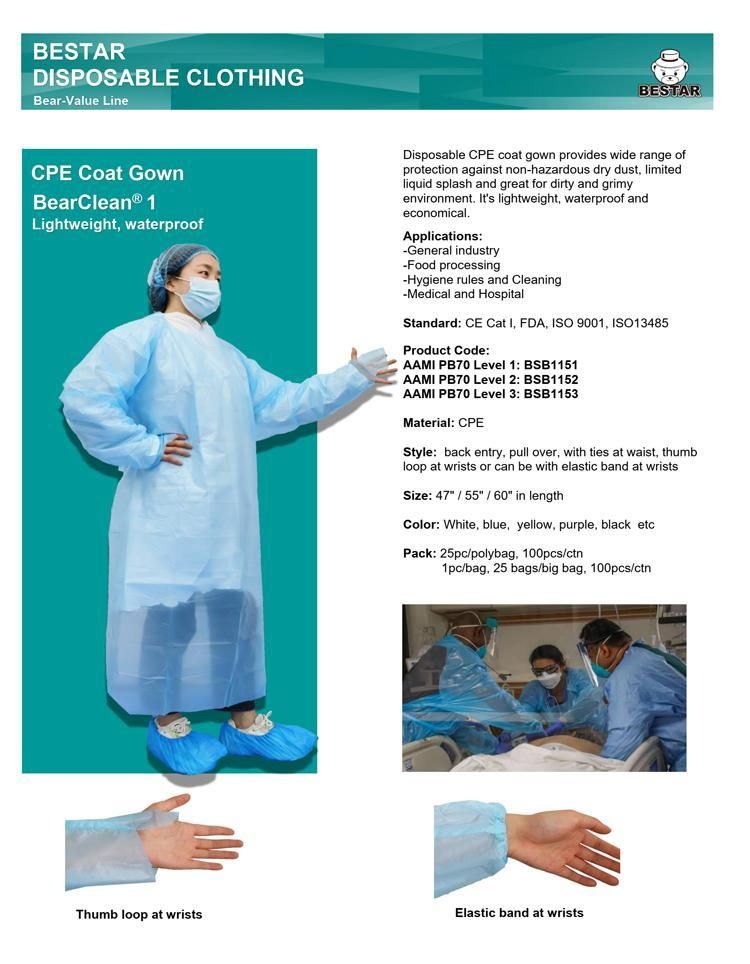 Disposable Waterproof Plastic Medical AAMI PB70 Level 1 Level 2 Level 3 CPE Coat Gown Apron CPE Gown