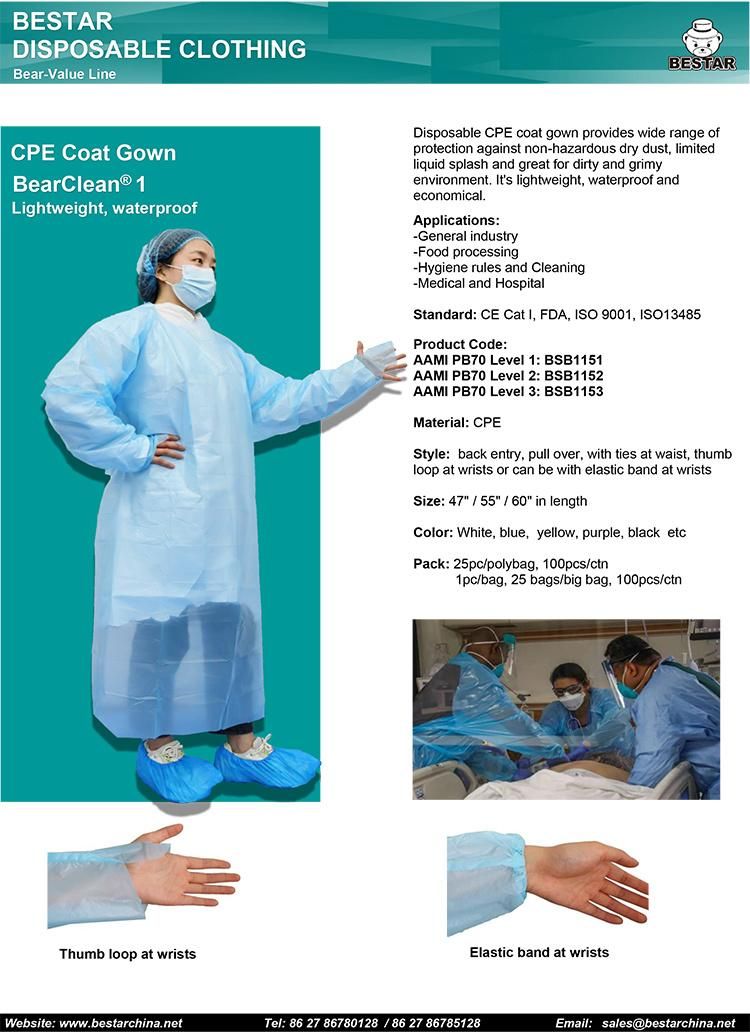 AAMI PB70 Disposable Surgical CPE Coat Gown Waterproof Isolation Gown