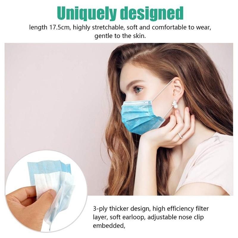 Non Woven Comfortable Procedure Air Pollution Hypoallergenic Disposable Earloop 3 Ply Mask