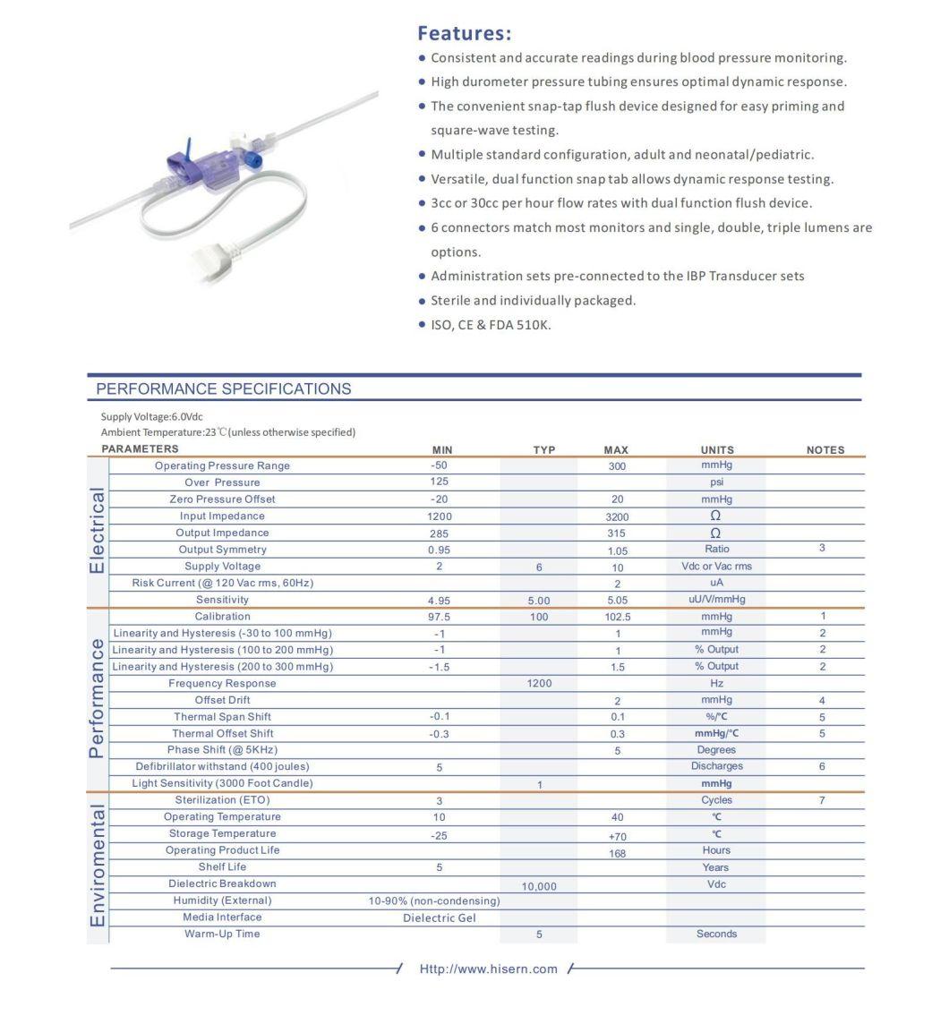 China Factory Hisern Medical IBP Transducer Disposable Surgical Double Lumens