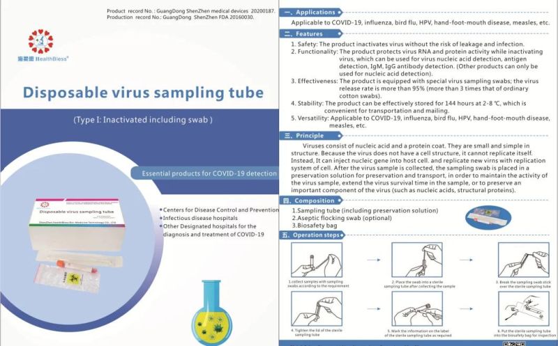 CE Certificated Universal Virus Sampling Transport Meida Kit Specimen Collection Disposable Virus Sampling Tube Kit