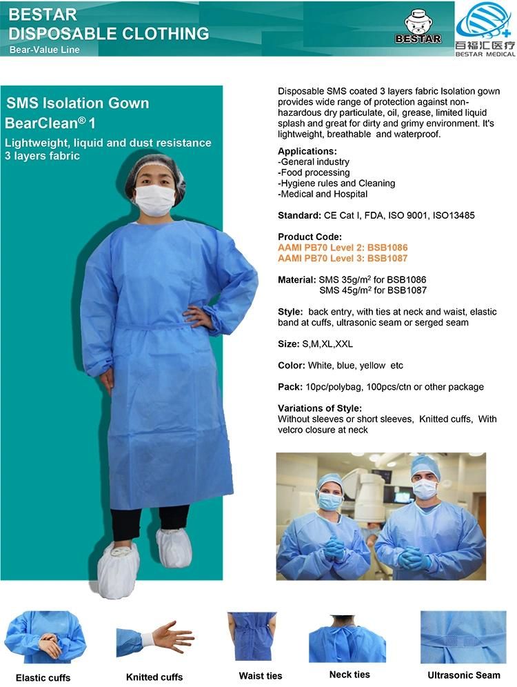 AAMI PB70 Level 2 Level 3 Dispoeable Non Woven Medical SMS Isolation Gown