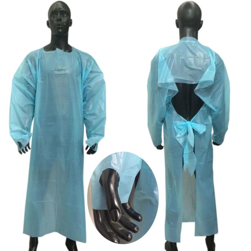 Waterproof Medical CPE Gown Disposable Plastic Smock with Thumbs up