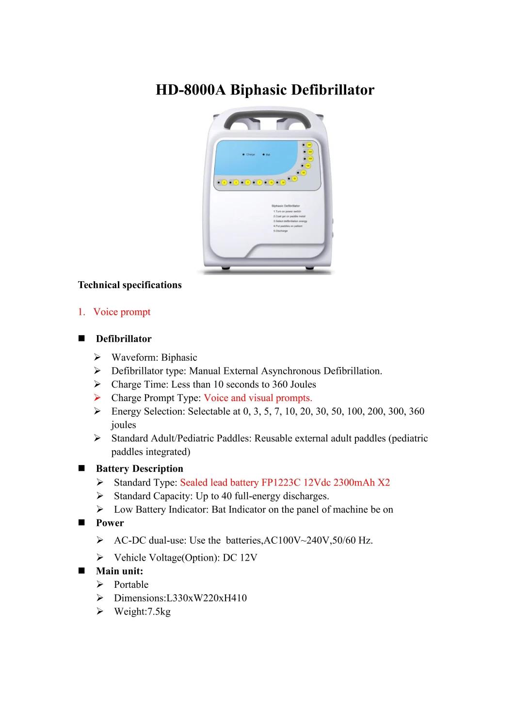 HD-8000A Biphasic Defibrillator Manual External Asynchronous Defibrillation Portable