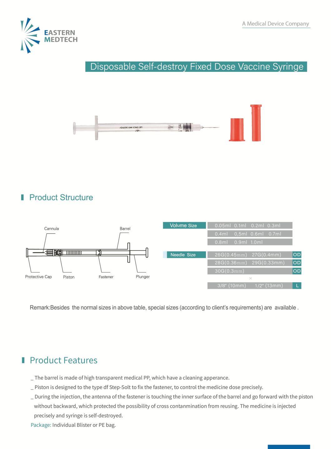 Disposable Medical Device High Quality Ad Self-Destroy Fixed Dose Vaccine Syringe 0.5ml 1ml