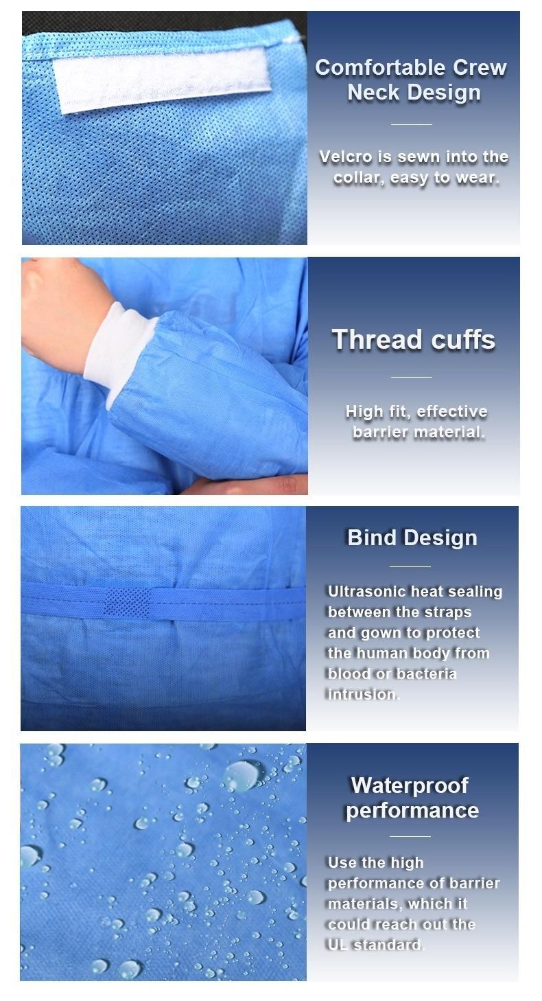 Factory Supplied Ultrosonic Seaming 45GSM Level 1 Isolation Gowns Non Woven Disposable