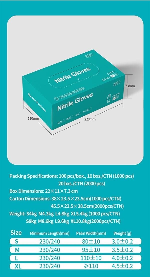 Powder Free, Protein Free, Non Latex Ntrile Examination Gloves 240mm Length