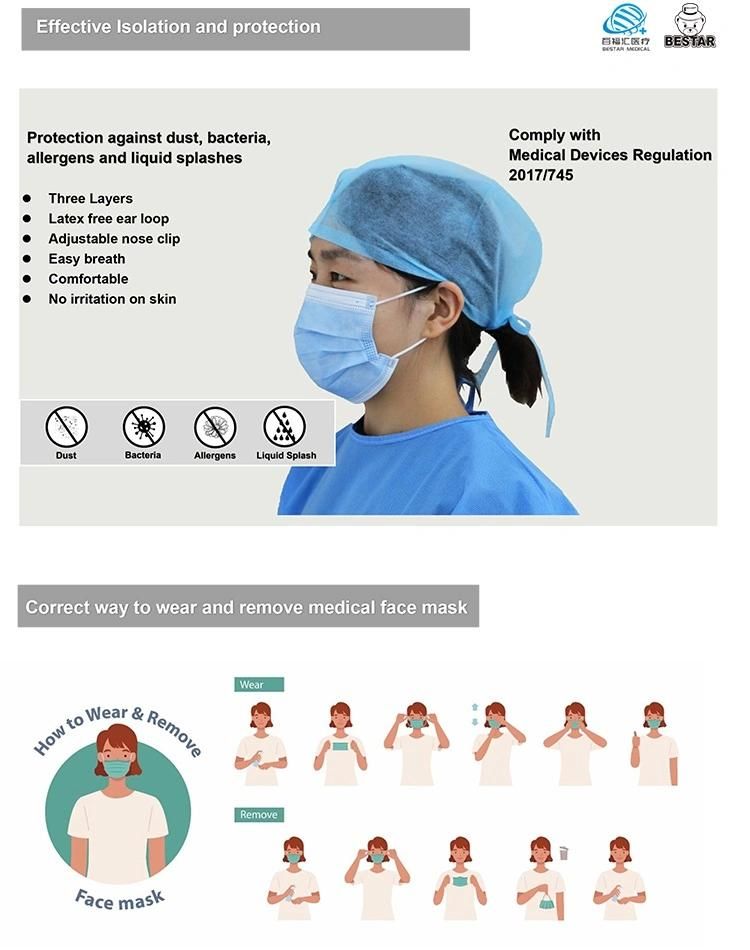 CE Certified Nonwoven Disposable Type Iir En14683 Bfe99% Fluid Resistant Surgical Medical Face Mask with Earloop China