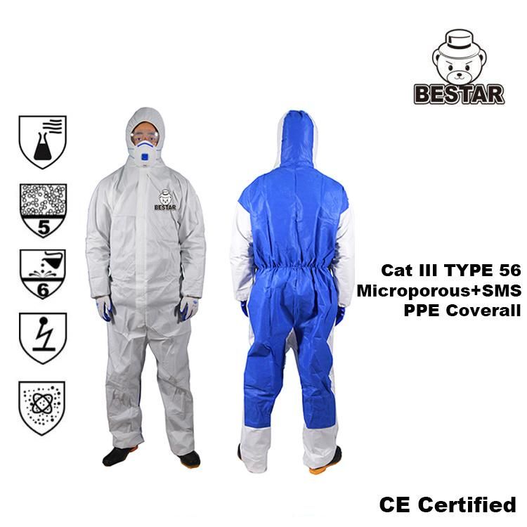 Breathable Cat III Type 56 Microporous Film + SMS Coverall Suit Protective Suit