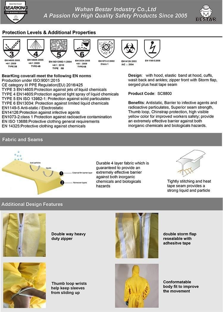 En 14126 Type 3b/4b/5b/6b Yellow Disposable Coverall with Tape Seam