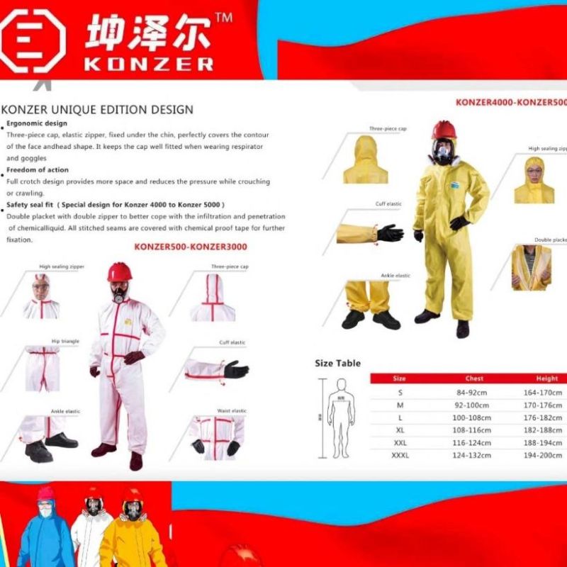 Konzer CE Approved Type 5/6 White Coveralls Disposable Medical Protective Clothing with Hood &Melt Tape
