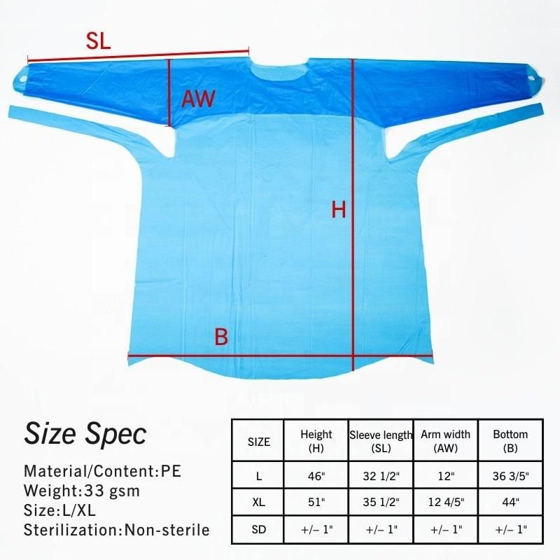 Hot Sealing Blue Disposable CPE Gowns Waterproof Plastic Apron CPE Isolation Gown