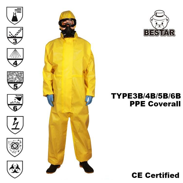 En 14126 Type 3b/4b/5b/6b Yellow Disposable Coverall with Tape Seam