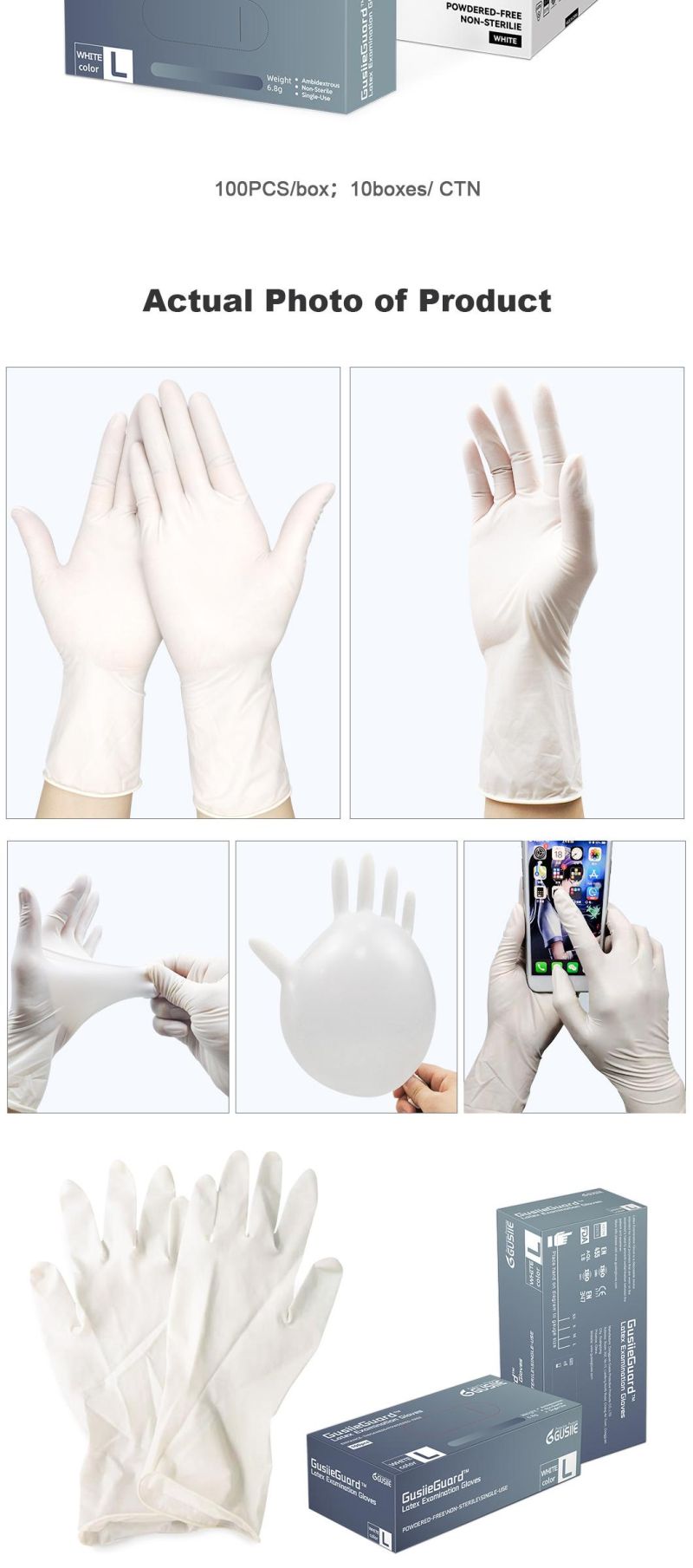 Medical Glove Latex Examination Glove (S/M/L-Large, 100-Count) Latex Disposable, Ultra-Strong, Exam, Healthcare, Food Handling Use No Powder Latex Gloves