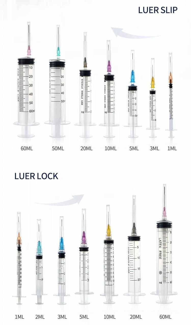 Disposable Sterile Medical Plastic Injection Syringe with Luer Lock / Luer Slip Tip with Needle or Without Needle for Single Use All Sizes