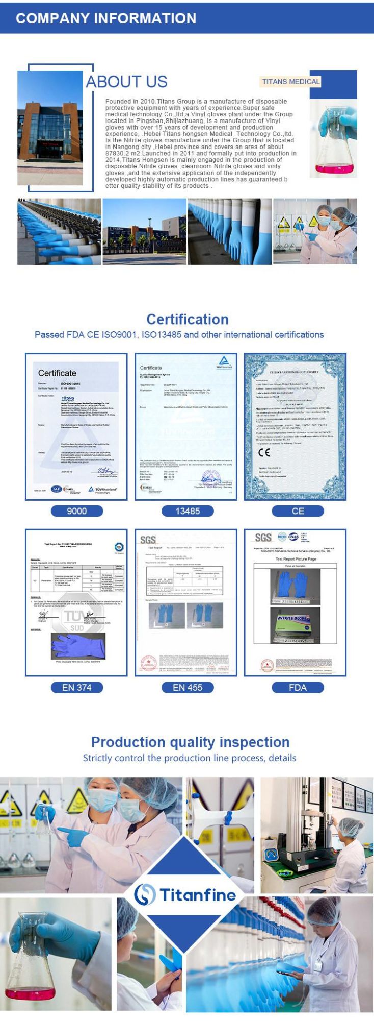 Titanfine Professional Manufacturer Blue Nitrile Disposable Gloves Powder Free