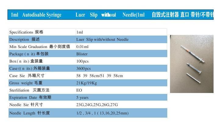 Sterile Hypodermic Syringes Luer Slip with Needle Single Use 1ml