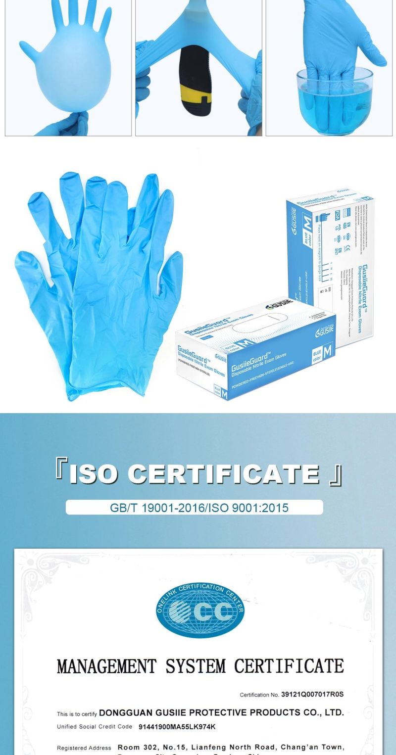 Gusiie Durable Powder Free Blue Foodgrade Nitrile Disposable Gloves Examination