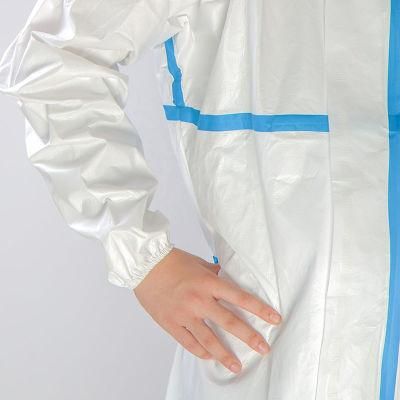 Hospital Supplies High Quality CE/ISO Certificated Safety Protective Suit Disposable Isolation Coverall with Blue Taping Sewing