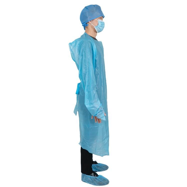 CPE Diposable Plastic Hospital Gown, Blue Waterproof Isolation Gown