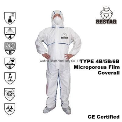 Disposable Microporous Film Type 4b/5b/6b En14126 Medical Coverall with Bound Seam