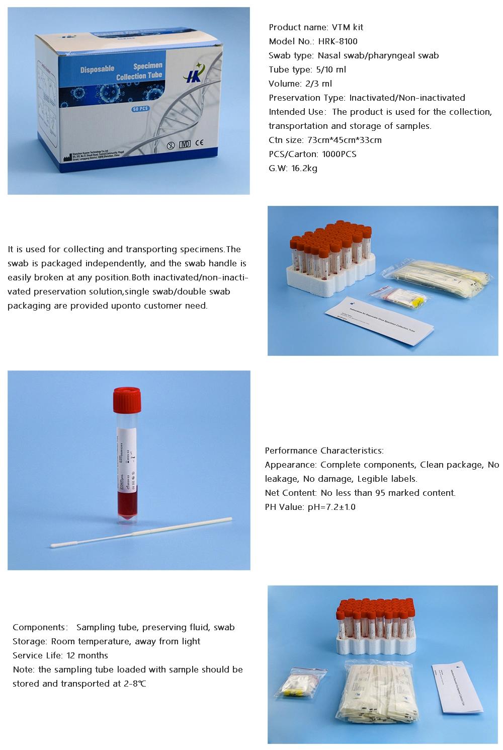 Disposable Sterile Sampling Tube Sample Collection Kit Nylon Flocked Swab Vtm Kit