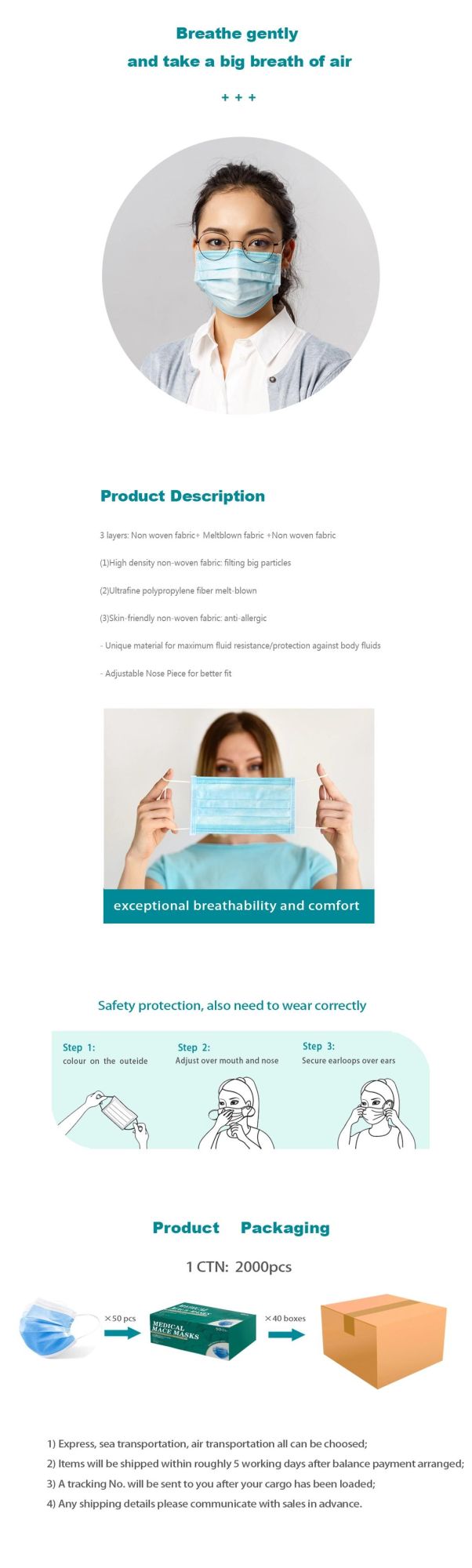 Top Quality Disposable 10/20/50 PCS Per Pack 3 Ply CE/ En14683 Fast Delivery Medical Mask
