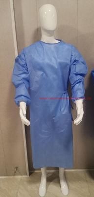 SMS 40GSM, 45GSM Surgical Gown with Magic Tape/Ties at Neck, with 4 Waist Belts, Knitted Cuffs