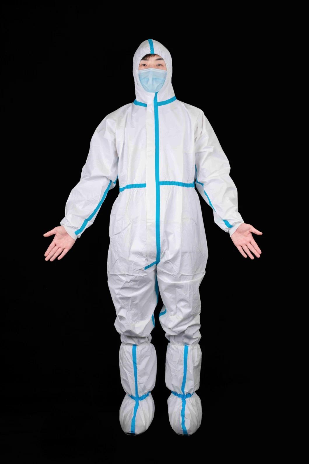 Full-Body Gown Disposable Type4/5/6 White Coverall with Heat Sealed Blue Tape