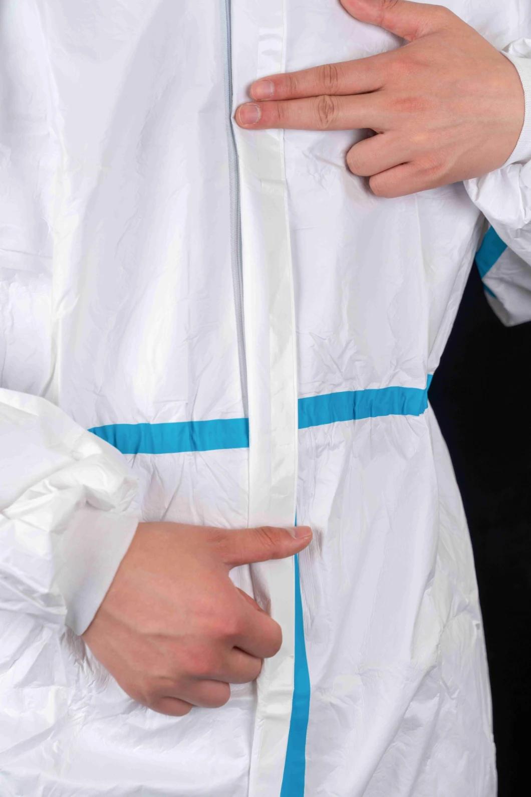 Full-Body Gown Disposable Type4/5/6 White Coverall with Heat Sealed Blue Tape