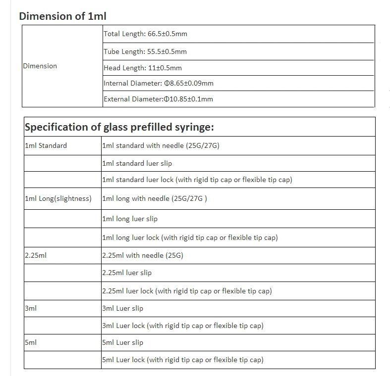 1ml 2.25ml 3ml 5ml Pharmaceutical Prefilled Glass Syringes