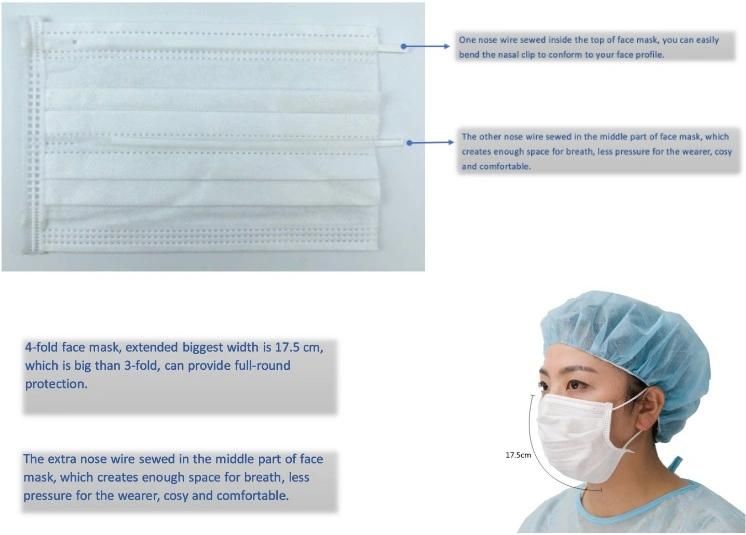 Wholesale Customized Earloop Pleated 3 Ply 4fold Doubel Nose Wire Non Woven Anti Virus Hygienic Sanitary Procedure Surgical Disposable Medical Face Mask