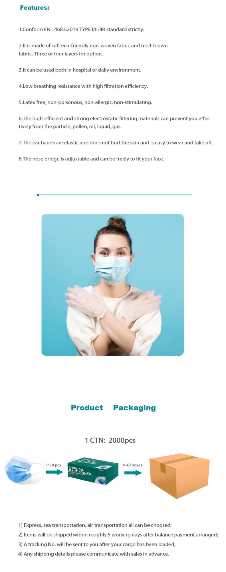 Shelf Life 2 Years CE/En14683 Certificate Face Mask Premium Upgraded Pain-Free Disposable Hygienic 3 Ply Type I/II/Iir Face Mask