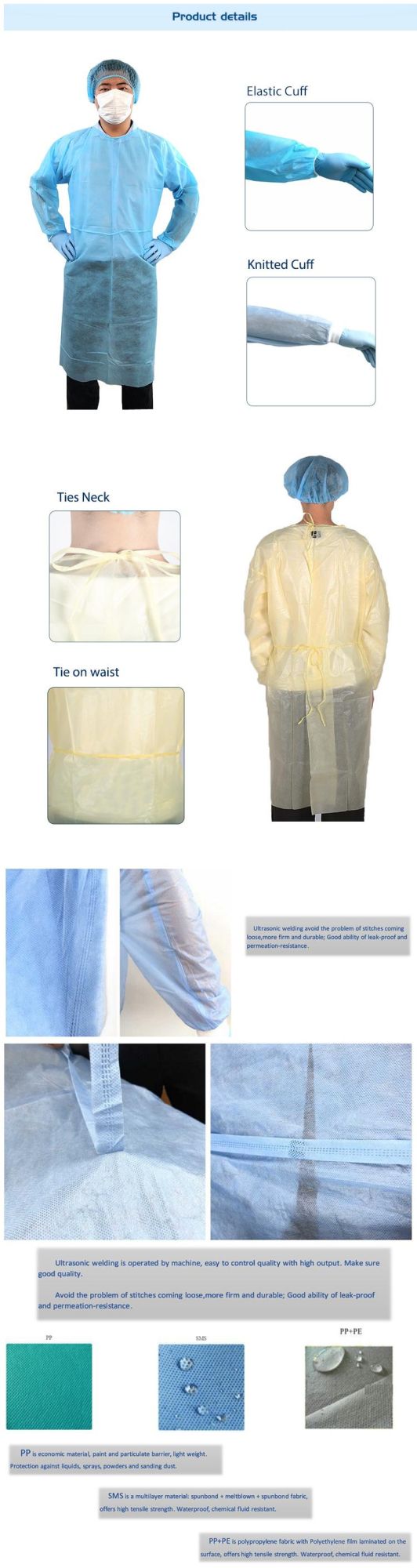 Waterproof Long Sleeve Non Woven PE Laminated Level 1level 2 Isolation Gown