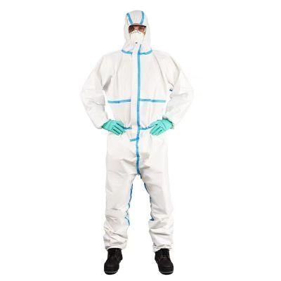 Customized Medical Disposable Microporous White Protective Coverall with Blue Tape